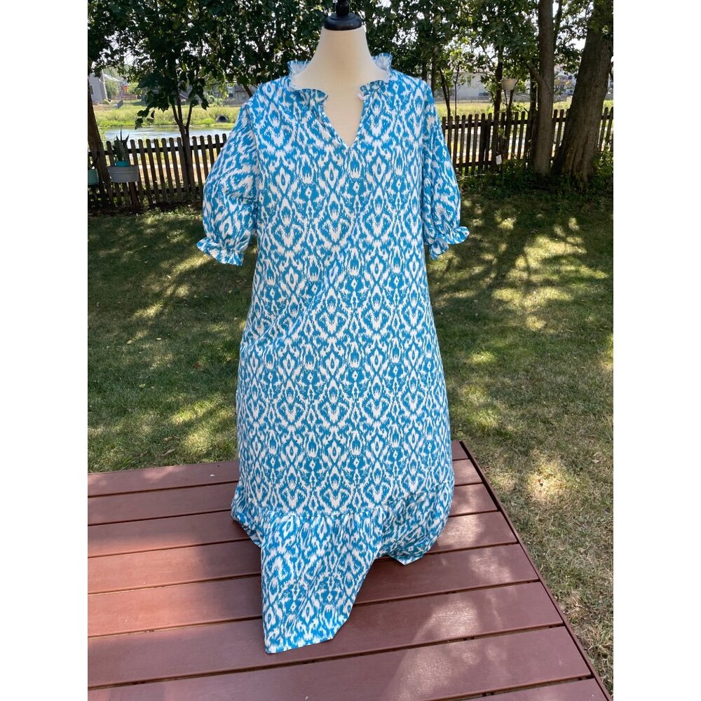 Womens 3XL Blue Ikat Print Maxi Dress With Short Sleeves Mumu